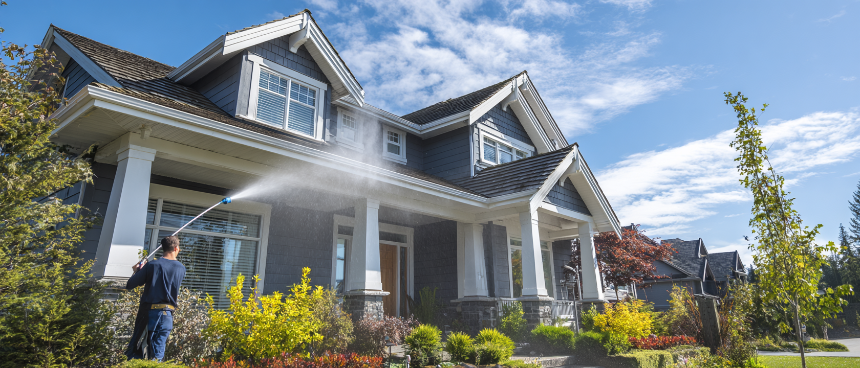 Professional pressure washing technician at work